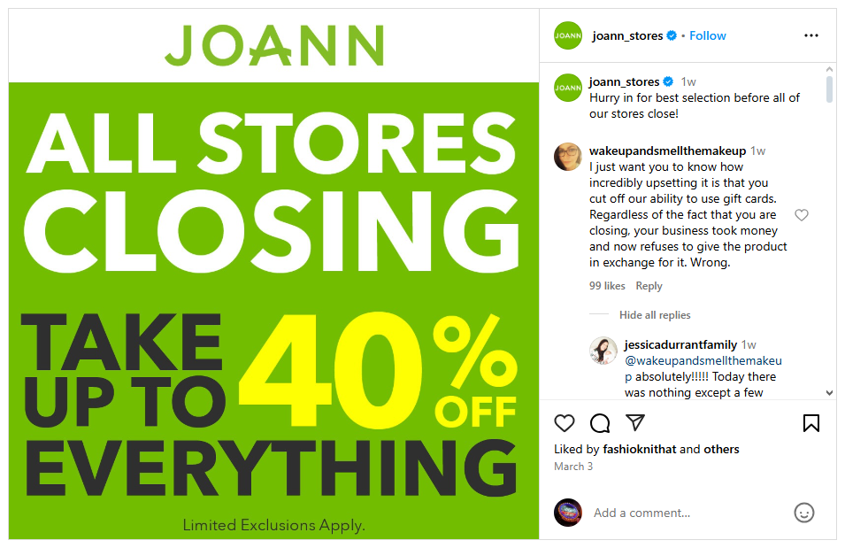 Joann closing instagram post gift cards