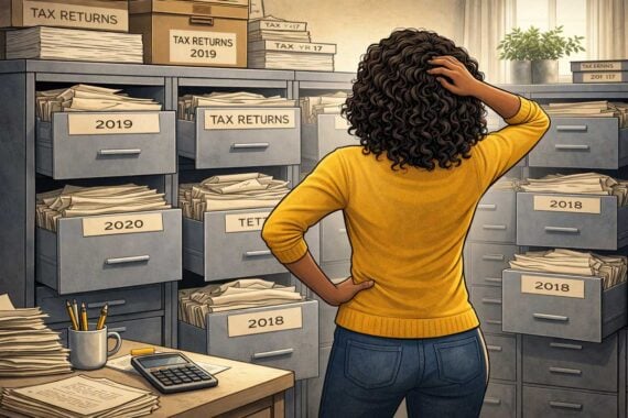 A woman in a yellow sweater stands in front of filing cabinets filled with disorganized tax return documents from various years, looking puzzled with her hand on her head. A calculator and papers are on a desk nearby.