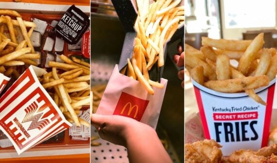 Three images side by side show some of the unhealthiest fast food fries from Whataburger, McDonald&rsquo;s, and KFC, each in branded containers and accompanied by sauce packets or fried chicken in fast food restaurant settings.