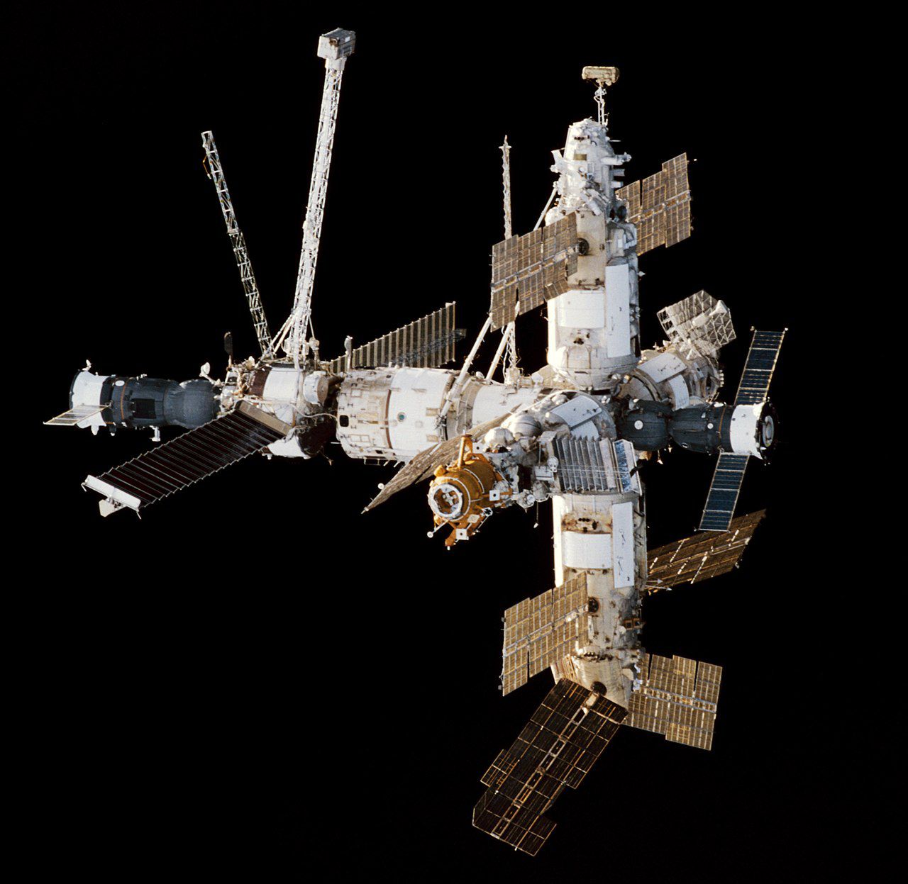 Approach view of the Mir Space Station viewed from Space Shuttle Endeavour during the STS-89 rendezvous. A Progress cargo ship is attached on the left, a Soyuz manned spacecraft attached on the right.