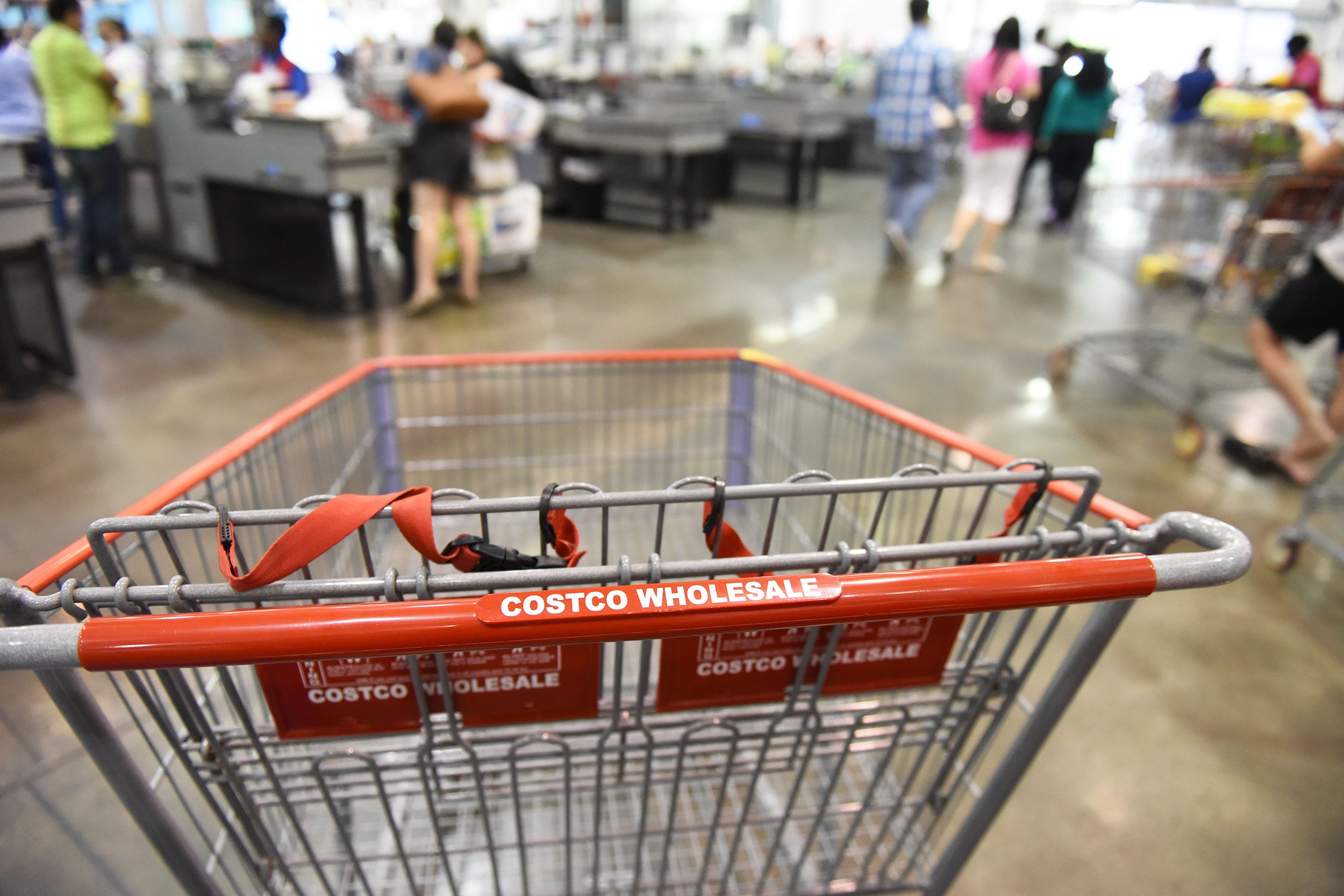 Empty Costco cart in checkout area.