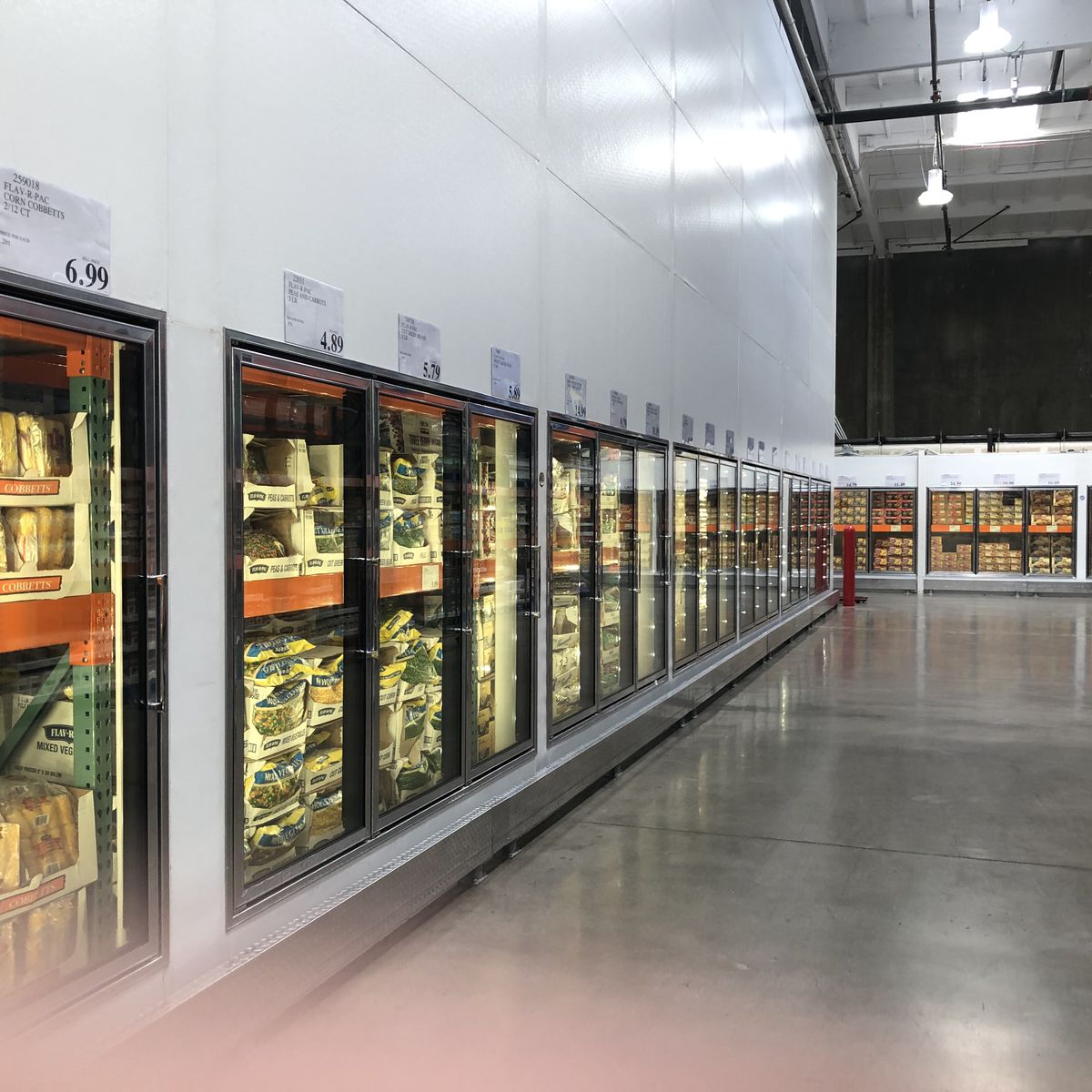 A Costco Business Center frozen and refrigerated food aisle.