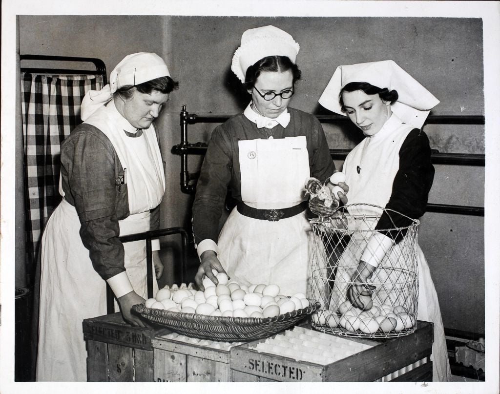 urses counting the eggs that have arrived at the Liverpool Maternity Hospital after their annual egg appeal for 20,000 eggs, England, World War II, 11th April 1940. Already the hospital has received hundreds of eggs for preserving purposes