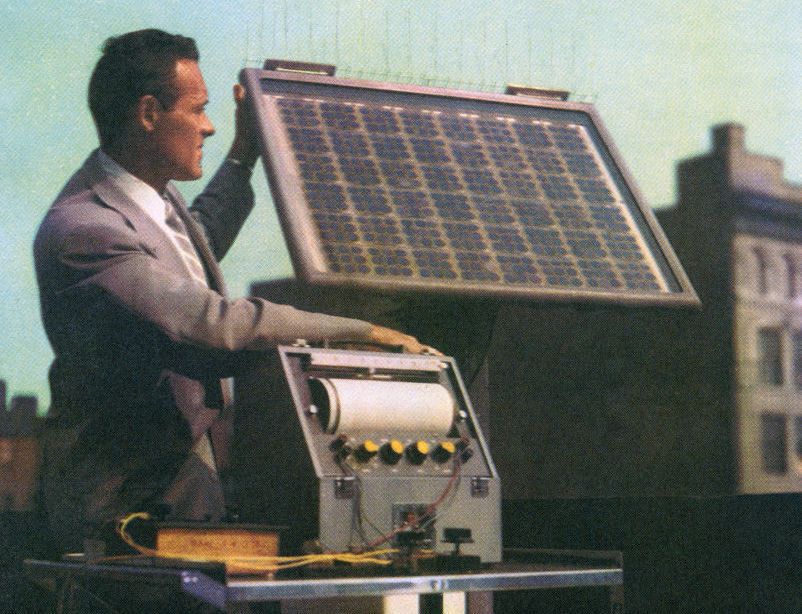 Installation of the first successful solar panel and solar battery (a solar array), for the Georgia telephone carrier Americus, 4th October, 1955. Three inventors - Gerald Pearson, Calvin Fuller and Daryl Chapin - developed the first efficient silicon sol