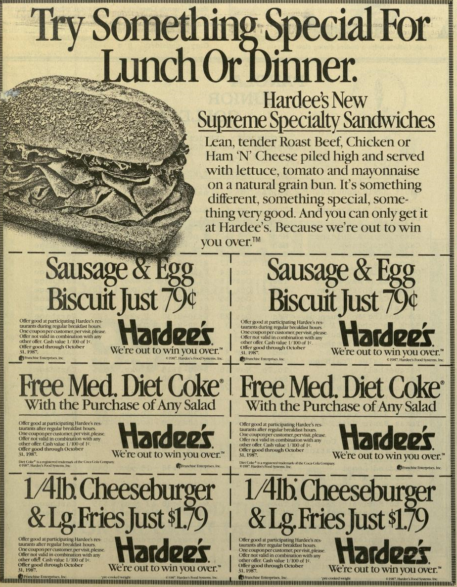 Try Something Special for Lunch or Dinner with Hardee’s New Supreme Specialty Sandwiches (September 28, 1987)