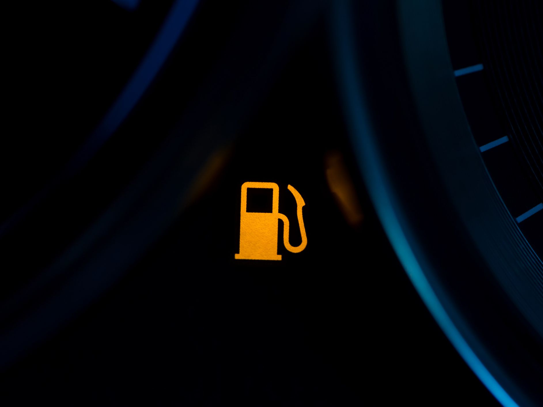 Empty fuel warning light in car dashboard. Fuel pump icon. gasoline gauge dash board in car with digital warning sign of run out of fuel turn on. Low level of fuel show on speedometer dashboard.