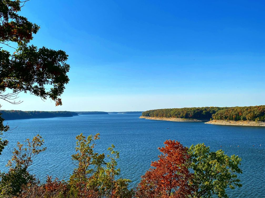 The fall foliage view on mark Twain lake from the lookout tower
