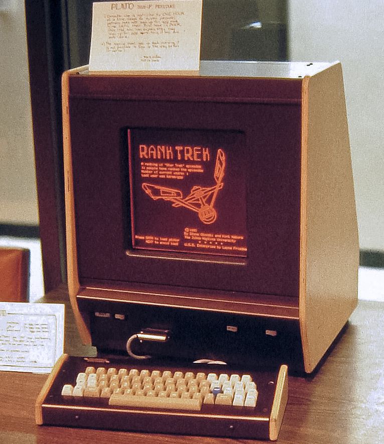 PLATO V Terminal with plasma display 1981 (Programmed Logic for Automated Teaching Operations), PLATO I was ~1960 the first generalized computer assisted instruction system