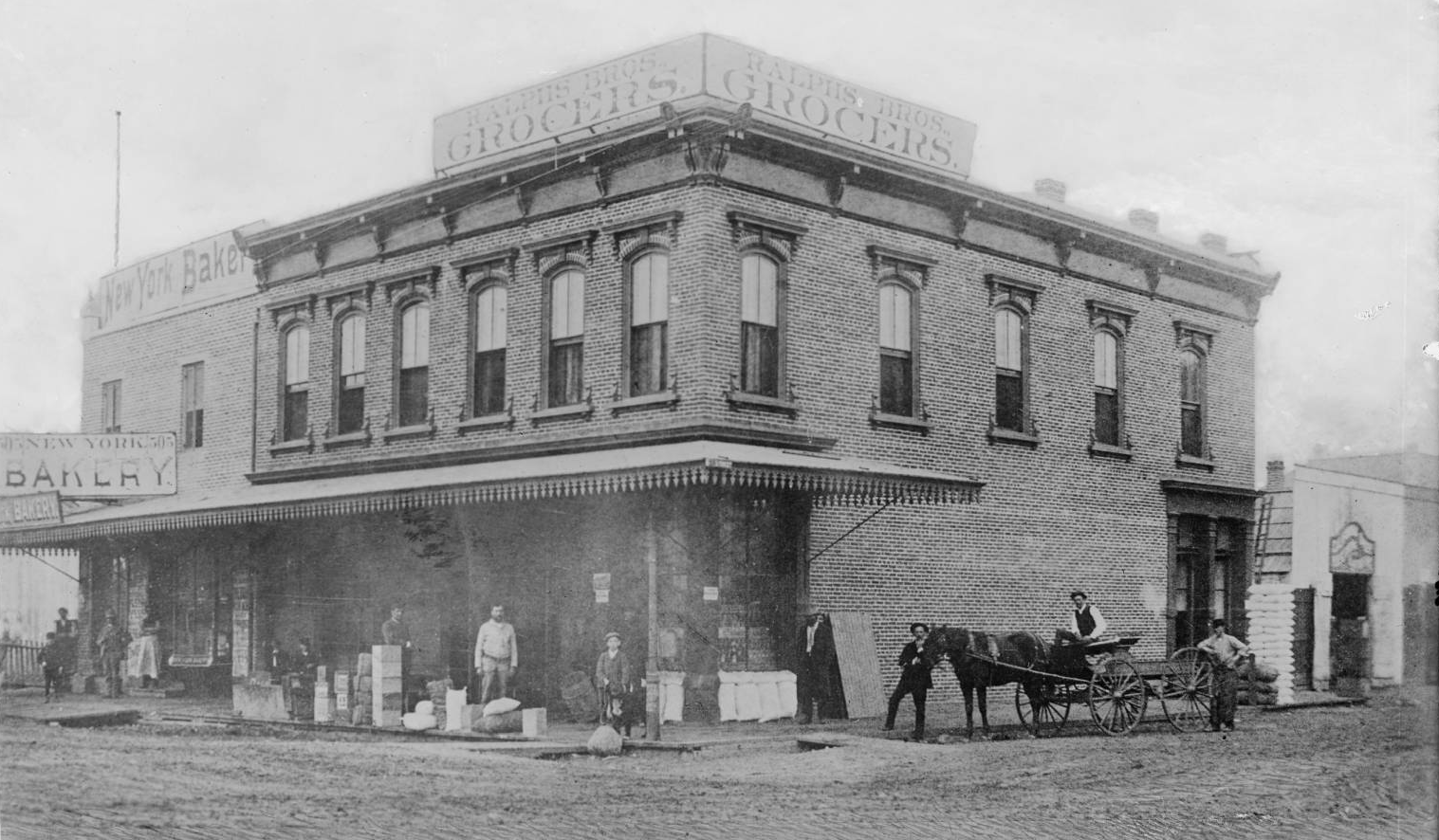Ralphs Brothers Grocery and New York Bakery, southwest corner of Sixth Street and Spring Street, 1886