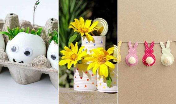 Three cheap Easter decorations: egg shells with googly eyes and plants in a carton, painted tin cans with yellow flowers, and a garland of colorful polka-dot bunny shapes on string against a neutral background.