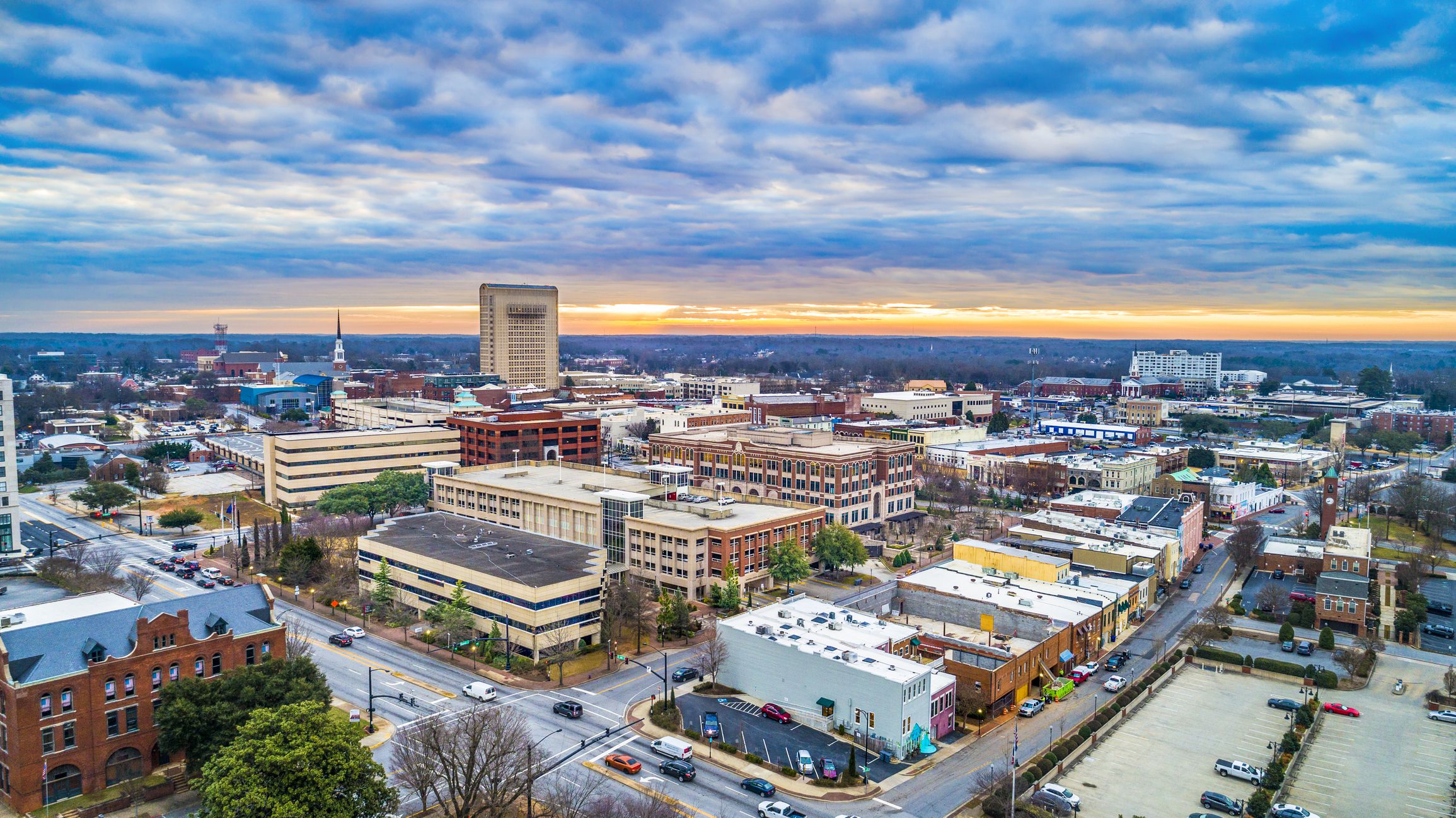 Drone Aerial of Main Street in Downtown Spartanburg, South Carolina, USA.