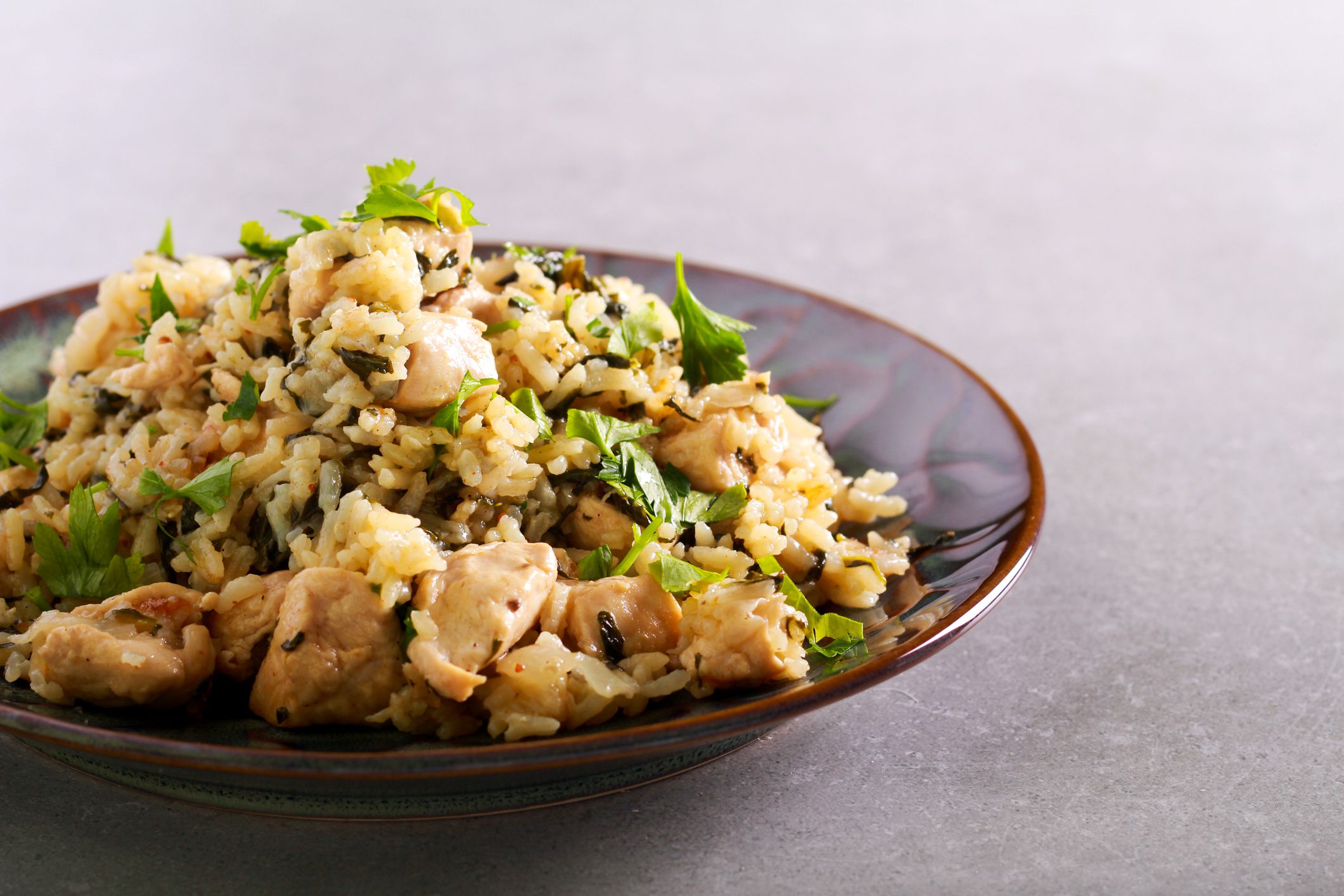 Chicken, spinach and rice casserole on plate