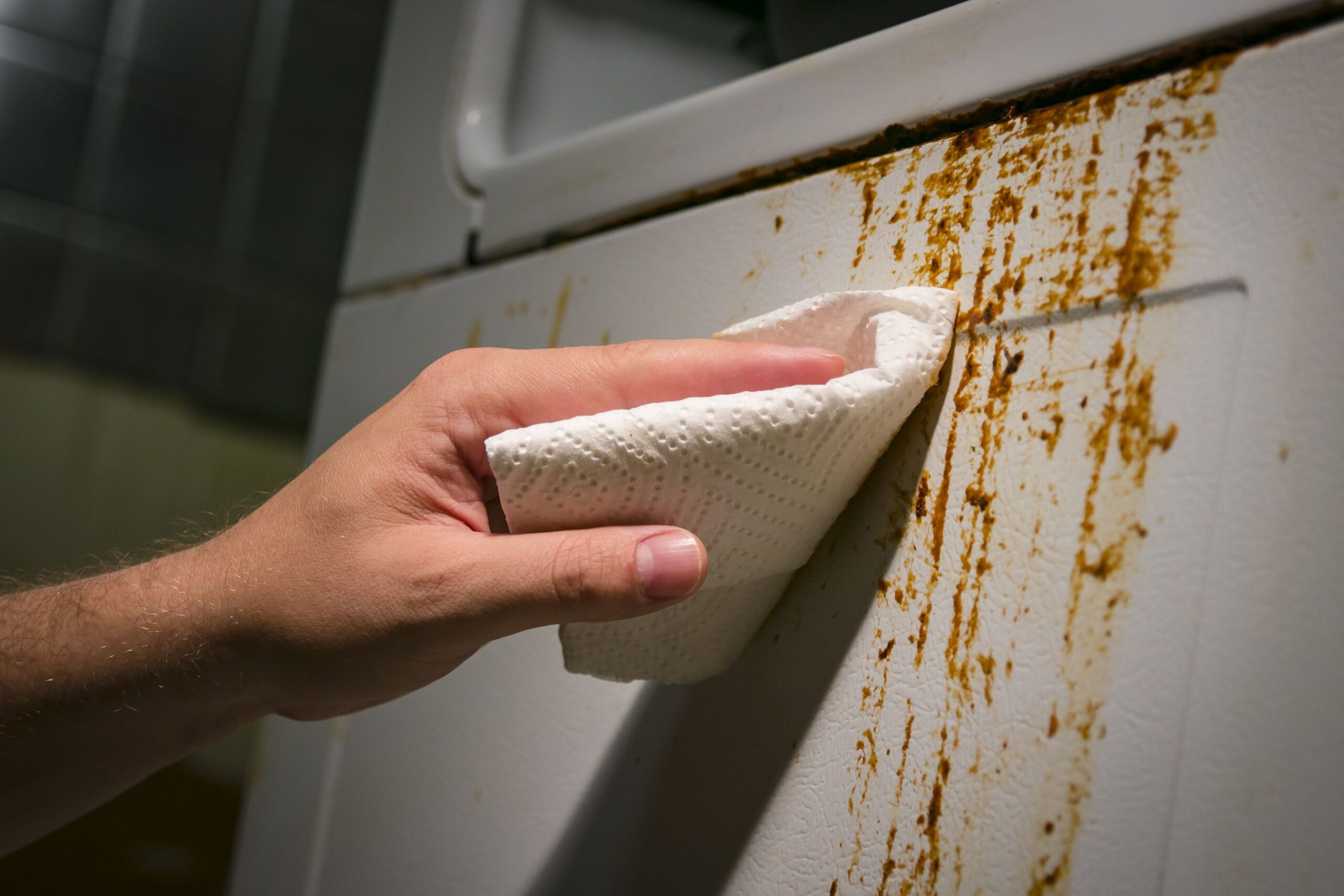 A caked on mess being cleaned up by hand