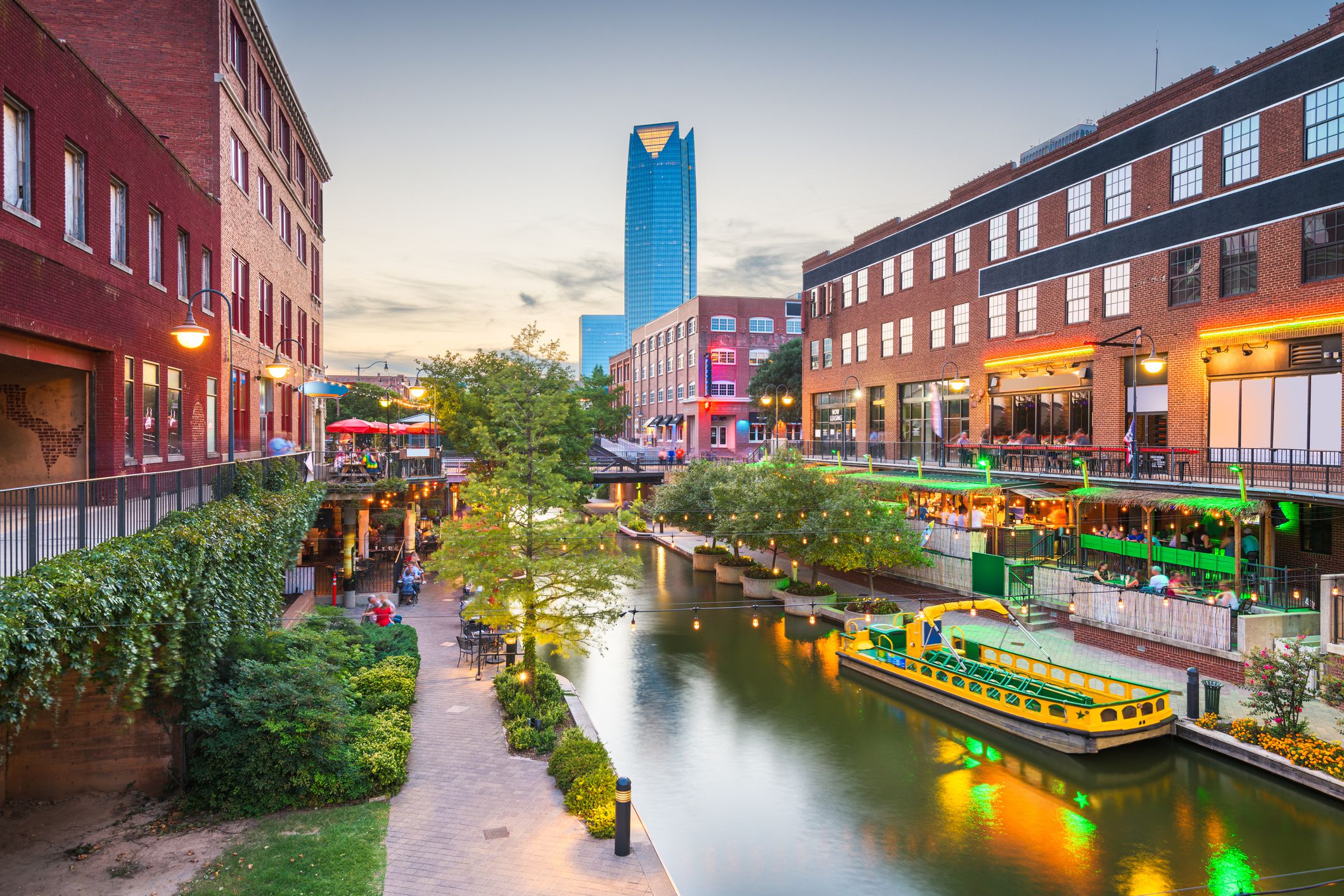 Oklahoma City, Oklahoma, USA cityscape in Bricktown at dusk.