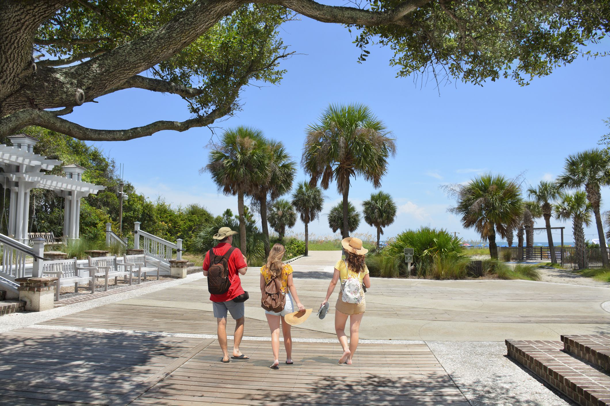 People enjoying summer vacation by the ocean. Palm trees on the pathway leading to ocean. Coligny Beach Park, Hilton Head Island, South Carolina, USA