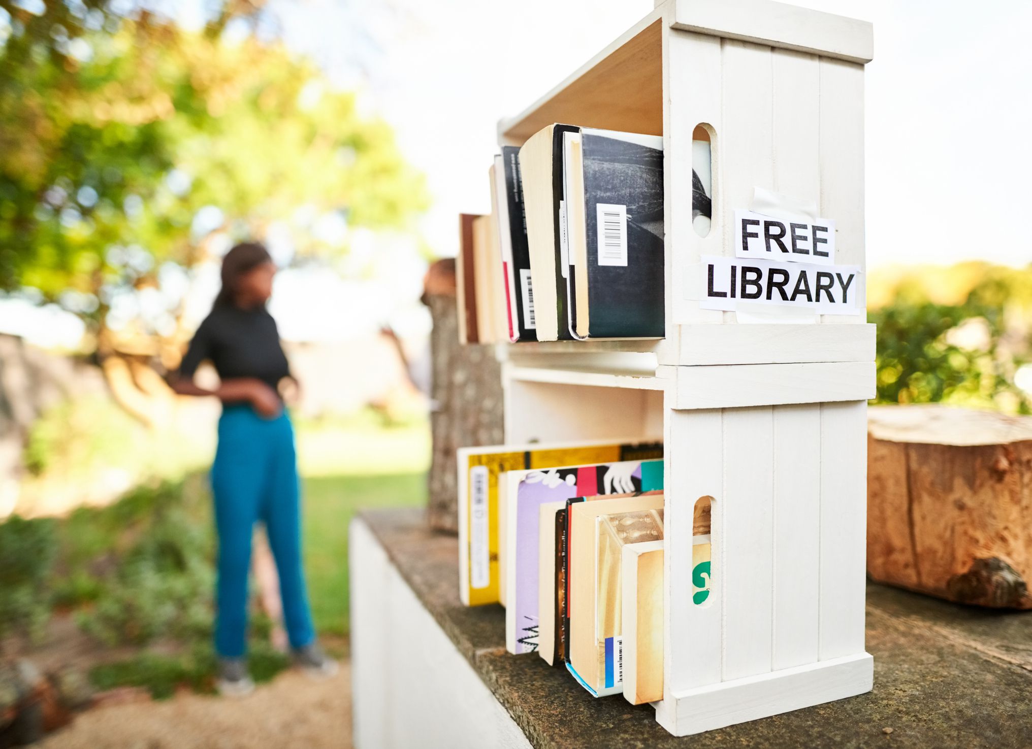 Little free street library on a house front yard with a girls seen talking in background