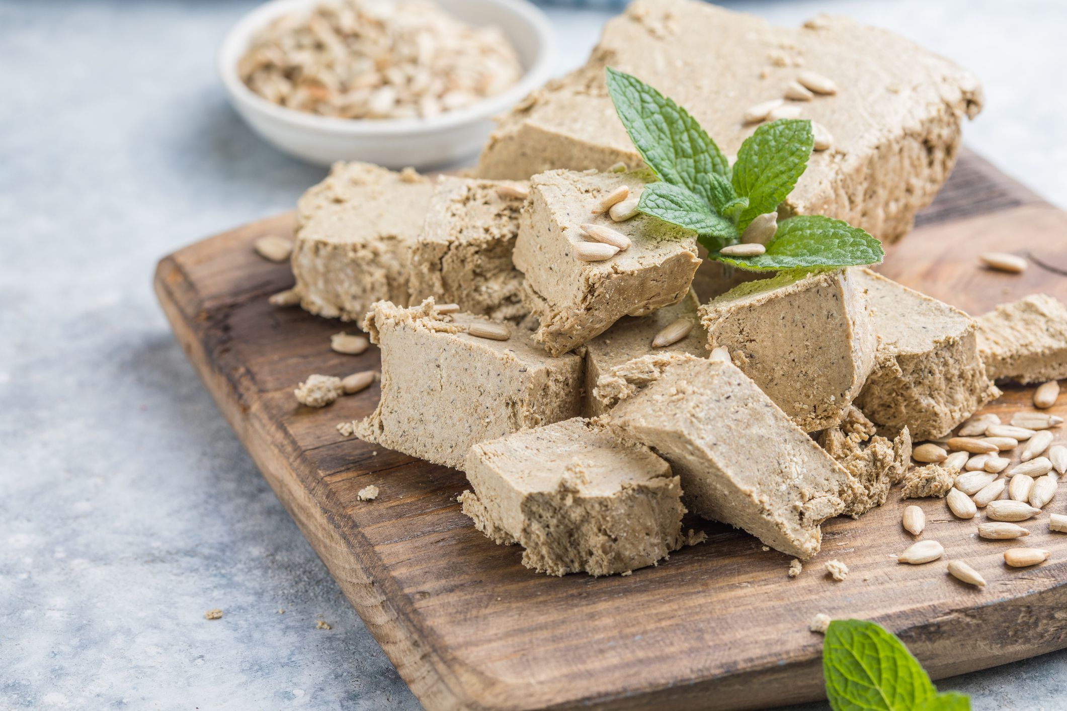 Sunflower halva close-up. Sweet oriental dessert halva. Sweets for tea.