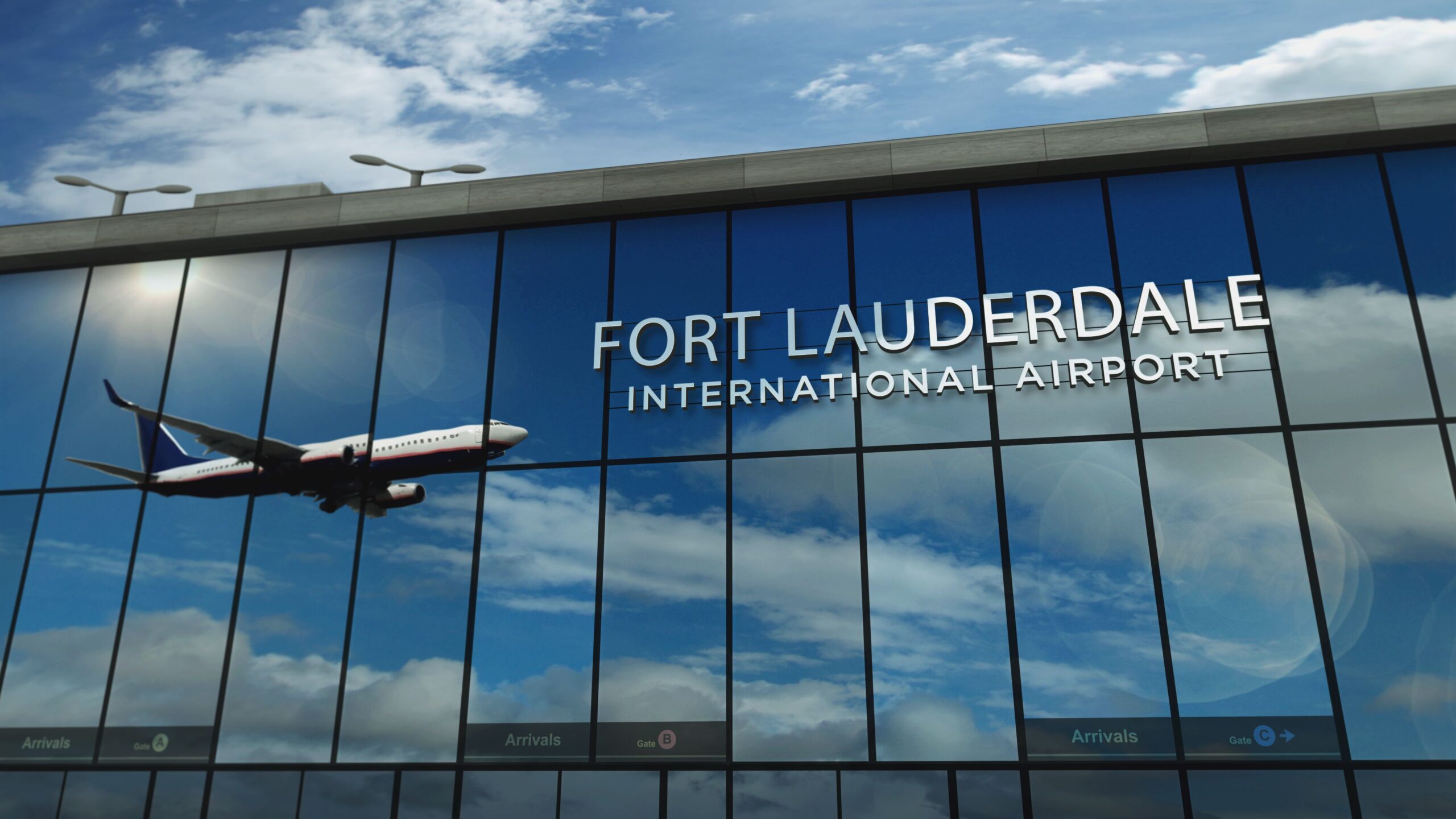 Aircraft landing at Fort Lauderdale, Florida, USA 3D rendering illustration. Arrival in the city with the glass airport terminal and reflection of jet plane. Travel, business, tourism and transport.