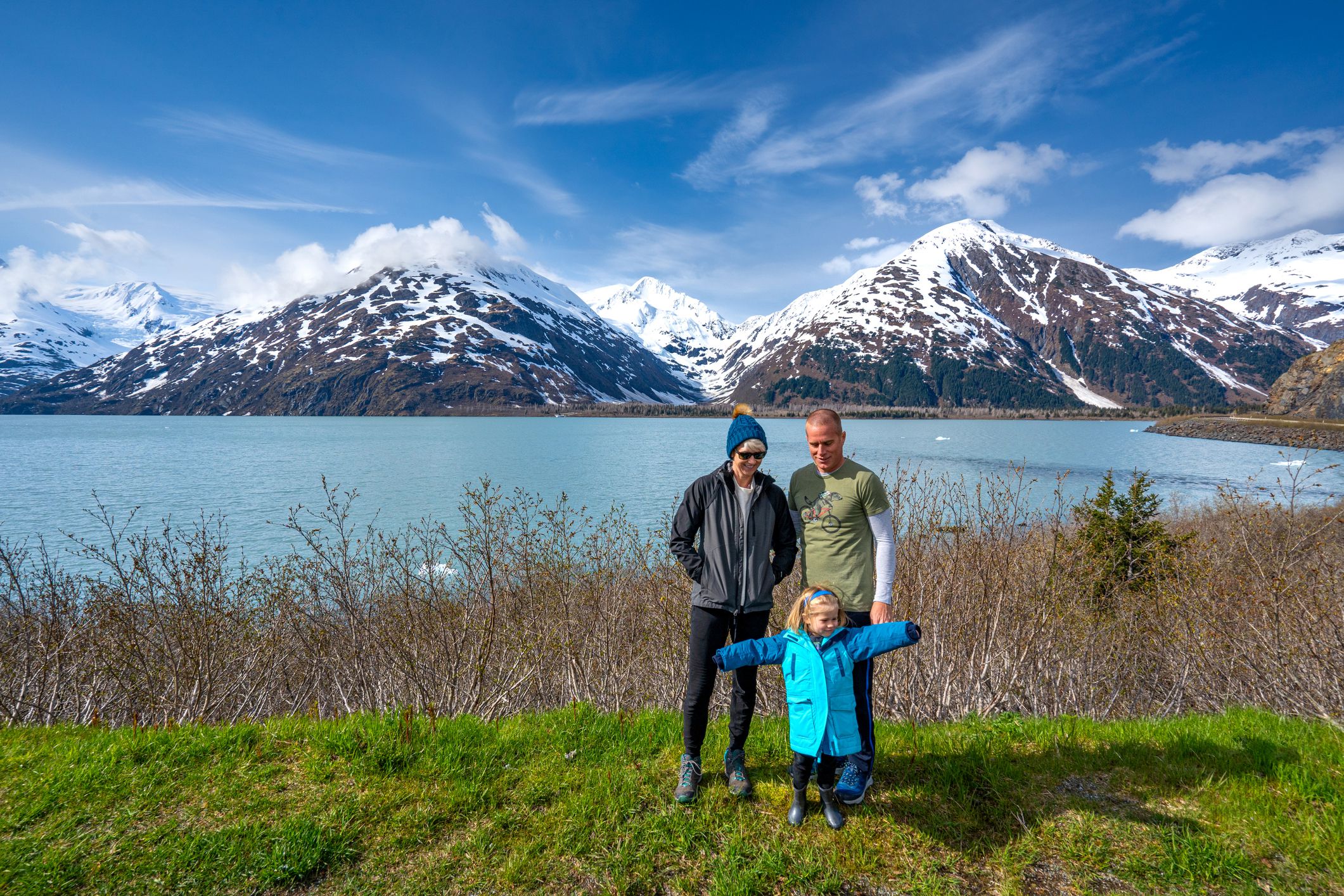 Beautiful turquoise colored glacier fed Portage Lake in Chugach State Park near Whittier, Alaska, USA.