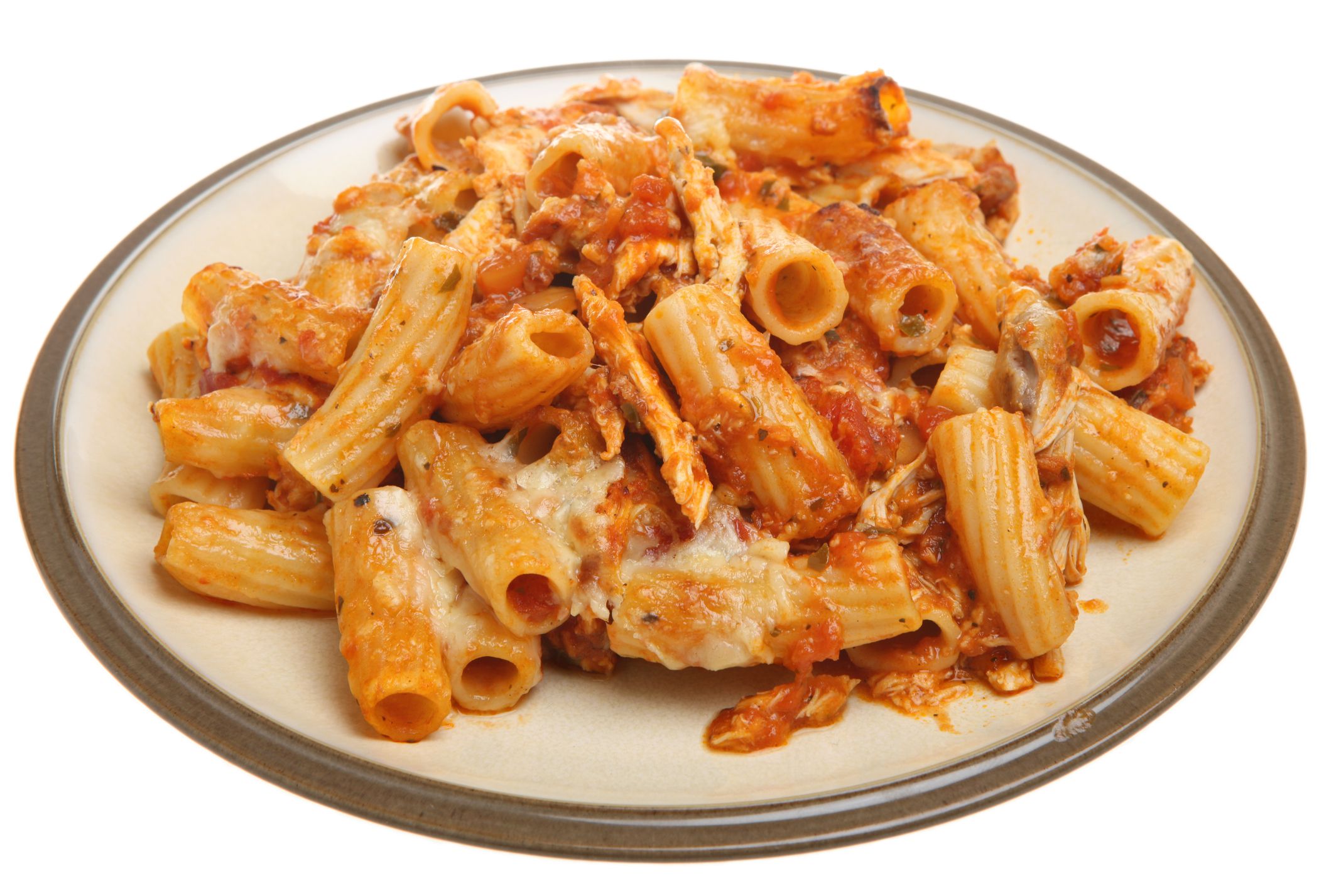 Baked rigatoni pasta with tomato sauce, chicken and cheese.