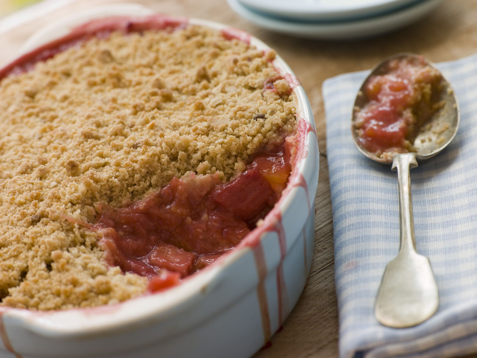 Dish of Rhubarb and Blood Orange Crumble on Table
