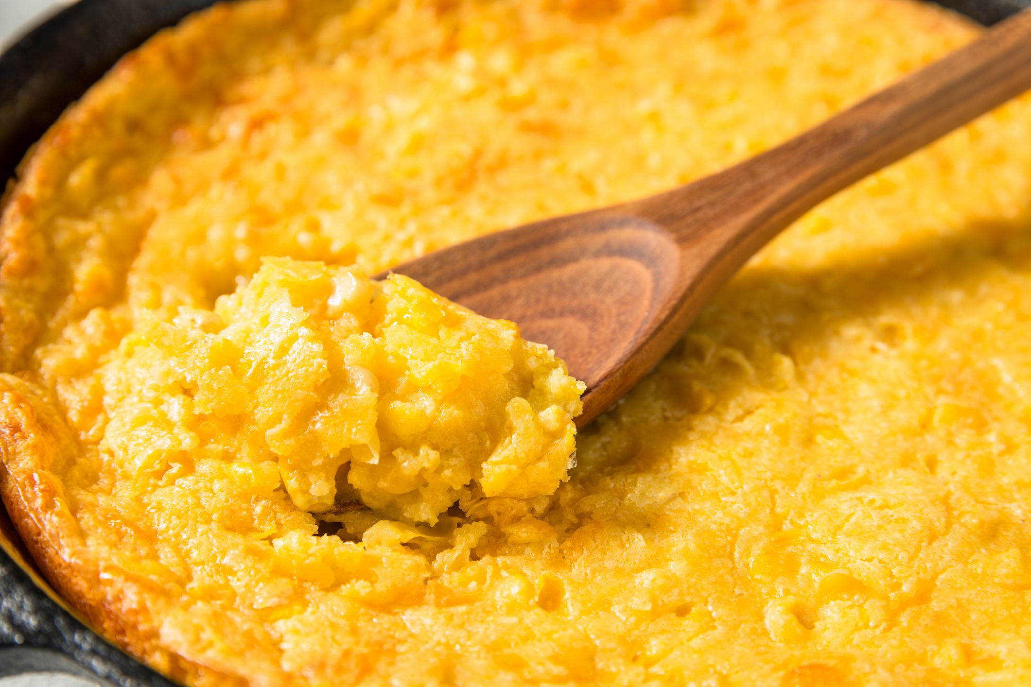 Thanksgiving Corn Bread Casserole Pudding in a Skillet