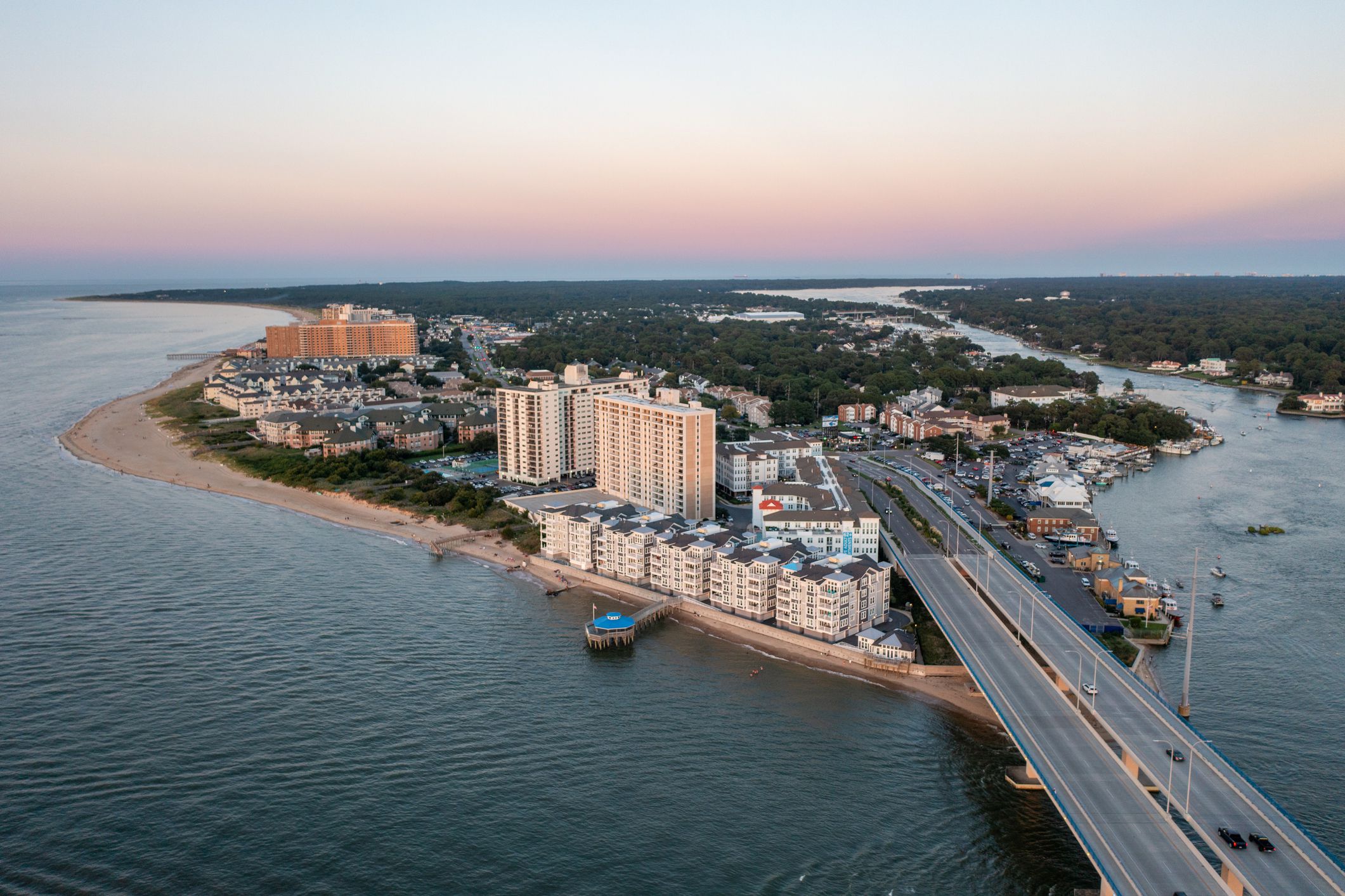 Aerial View of The Chesapeake Bay Condos and the Beach in Virginia Beach at Sunset
