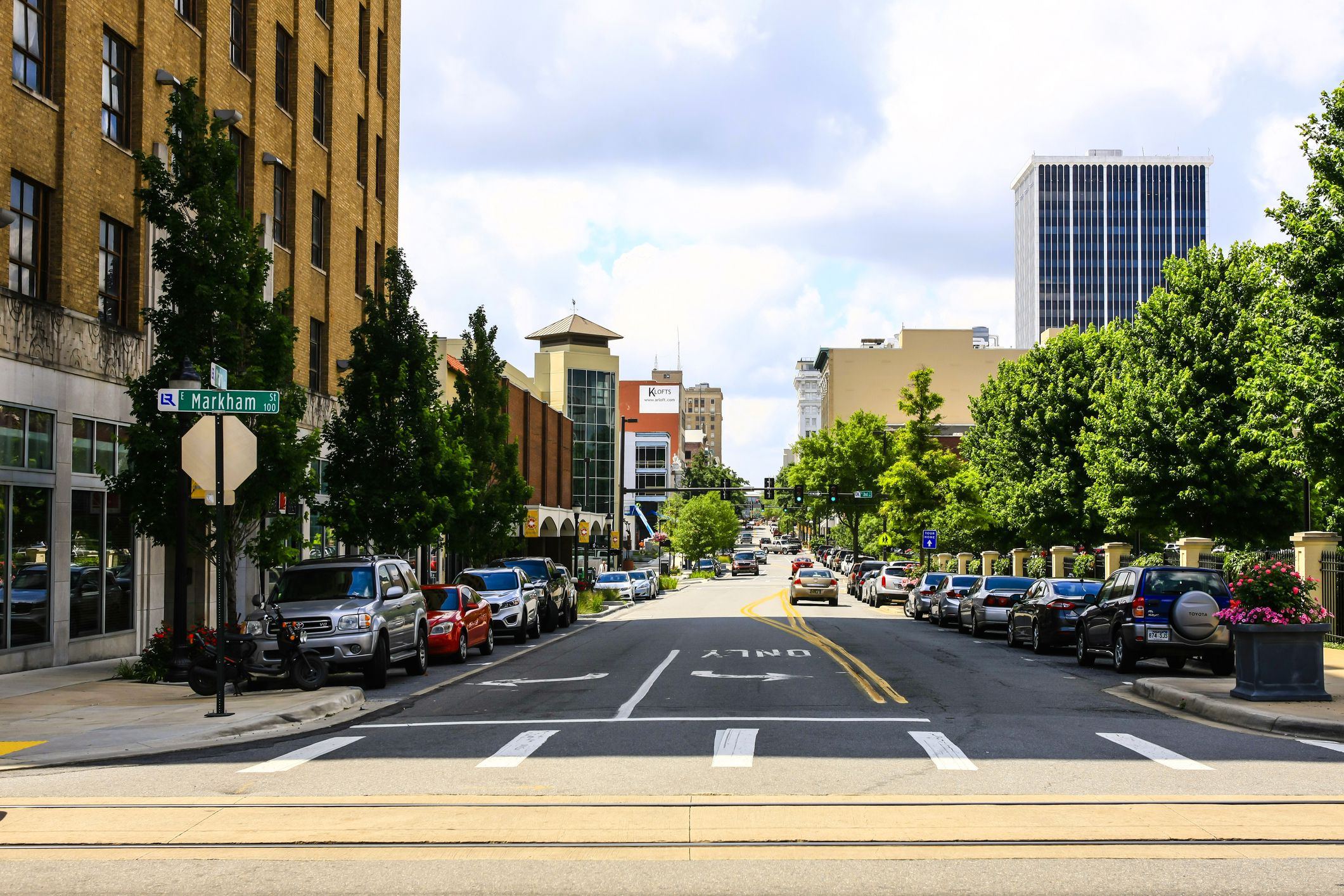 Little Rock, AR, USA - June 12, 2015: View of W Markham Street in downtown Little Rock city, Arkinsas