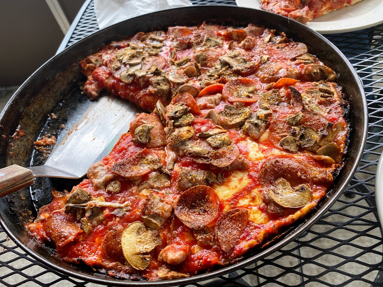 A deep dish pizza in Chicago