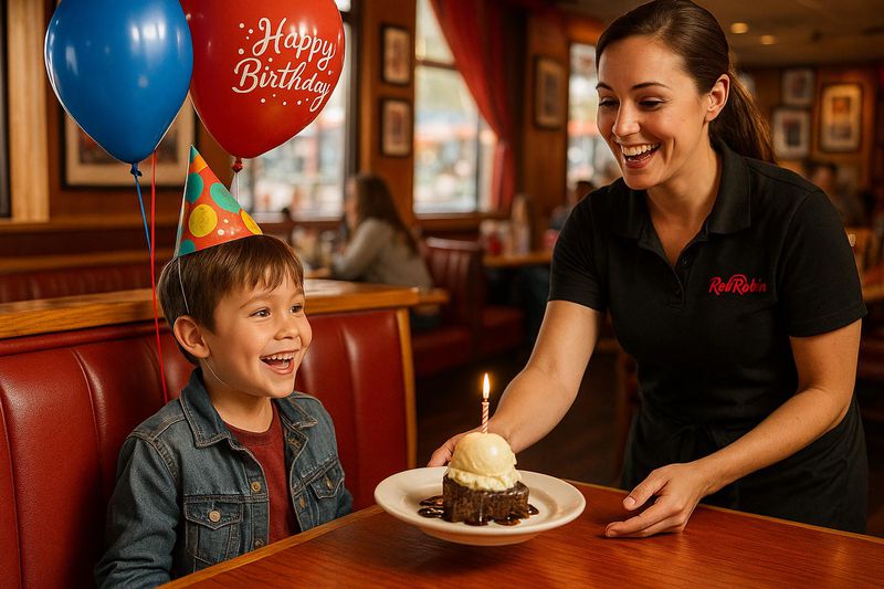 Kid looking happy as he gets dessert on his birthday at Red Robin