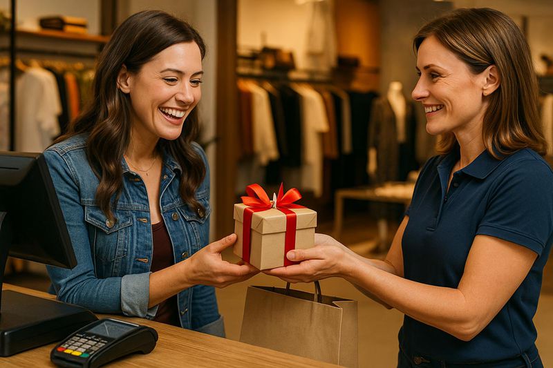 Woman receiving a birthday freebie at a store