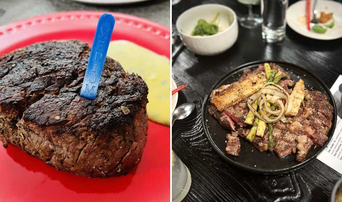 A thick steak labeled "medium" sits on a red plate with yellow sauce; next to it is a bowl of sliced steak, grilled vegetables, and crispy toppings—dishes that might be found at steakhouses not worth visiting.