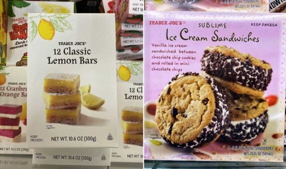 Two Trader Joe&rsquo;s desserts: a box of 12 Classic Lemon Bars, perfectly stacked, and a box of Sublime Ice Cream Sandwiches&mdash;ice cream nestled between chocolate chip cookies and rolled in mini chocolate chips.