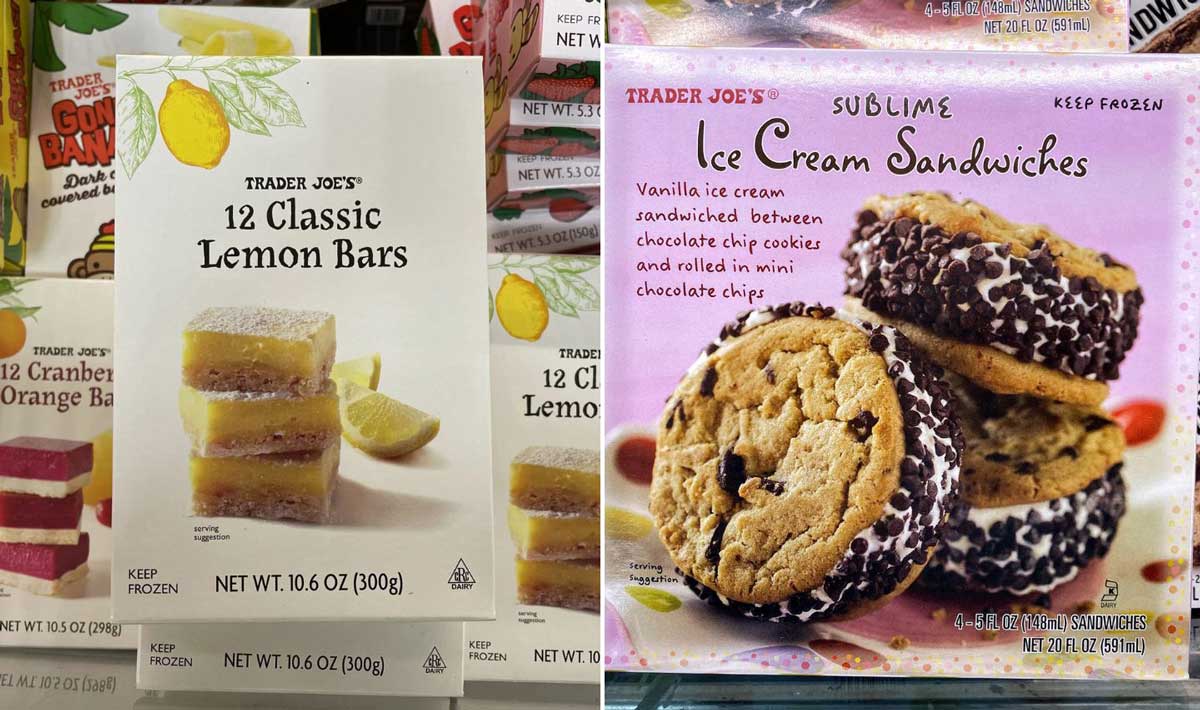 Two Trader Joe’s desserts: a box of 12 Classic Lemon Bars, perfectly stacked, and a box of Sublime Ice Cream Sandwiches—ice cream nestled between chocolate chip cookies and rolled in mini chocolate chips.