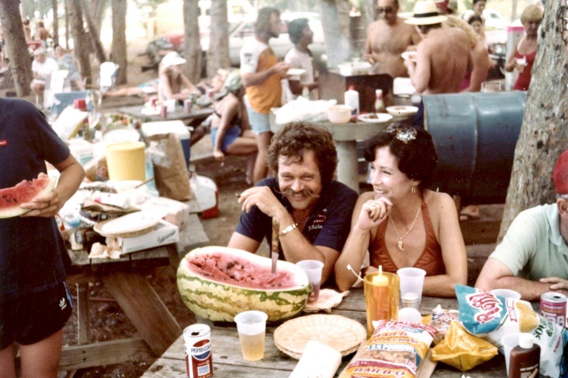 Folks enjoying a barbecue on Bahia Honda Island in the Florida Keys, 1970s.