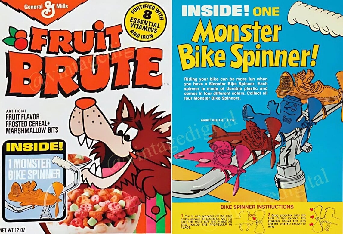 Side-by-side images: left, a Fruit Brute cereal box featuring a cartoon werewolf and colorful cereal; right, instructions for a "Monster Bike Spinner" toy with cartoon monsters riding bikes.