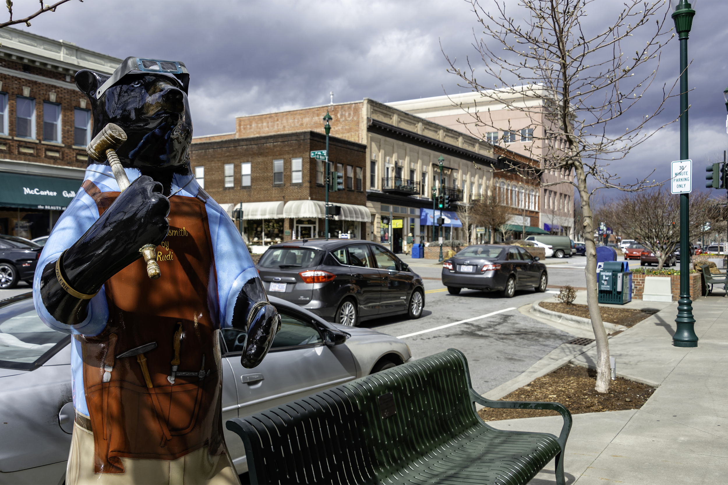 A bear dressed up as a goldsmith in Hendersonville, North Carolina