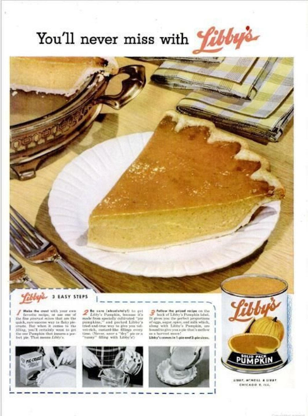 A slice of pumpkin pie on a white paper plate sits near a baking dish, a fork, and a napkin. The ad features Back-of-the-Box Recipes with Libby’s Pumpkin, recipe steps, and the slogan, “You’ll never miss with Libby’s.”