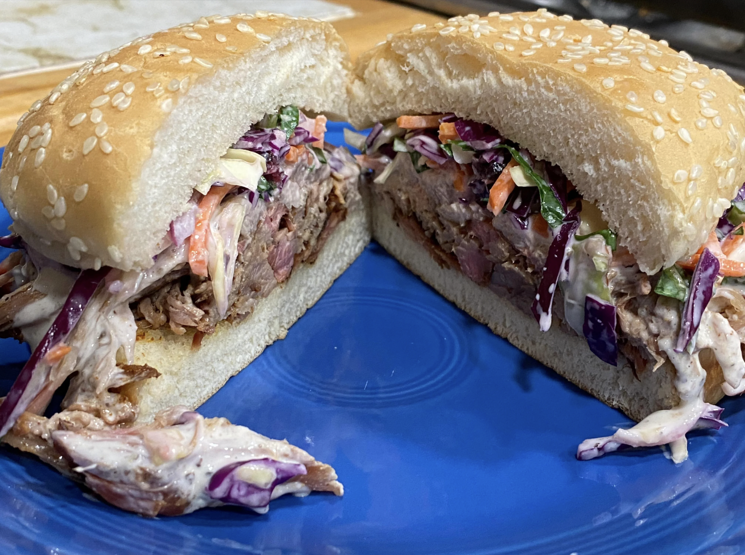 Pulled pork sandwich with Alabama white sauce