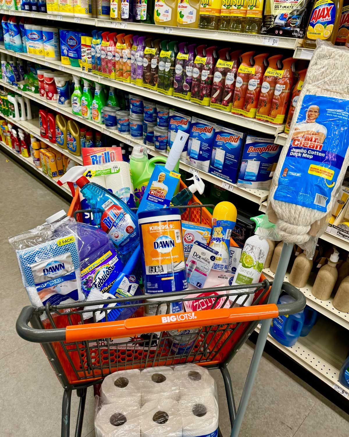 A shopping cart with filled cleaning supplies at Big Lots