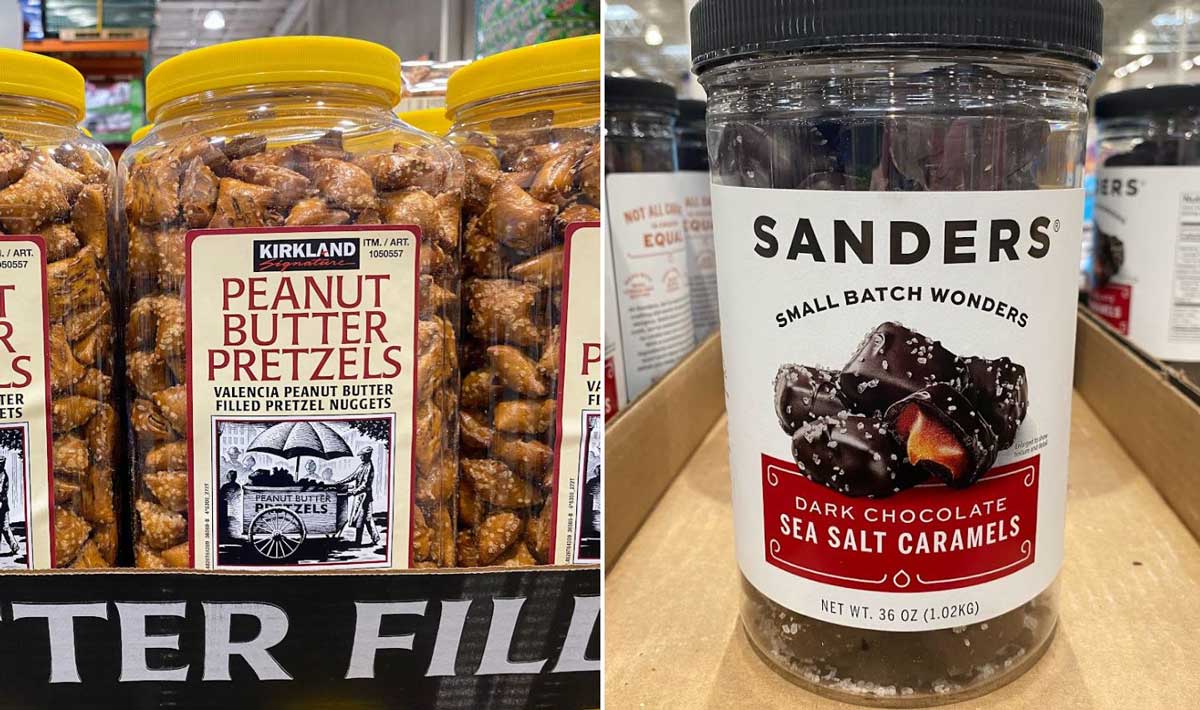 Left: Jars of Kirkland peanut butter pretzels, a Costco cult favorite, on a store shelf. Right: A jar of Sanders dark chocolate sea salt caramels on display, featuring a close-up of these beloved chocolate-covered treats on the label.