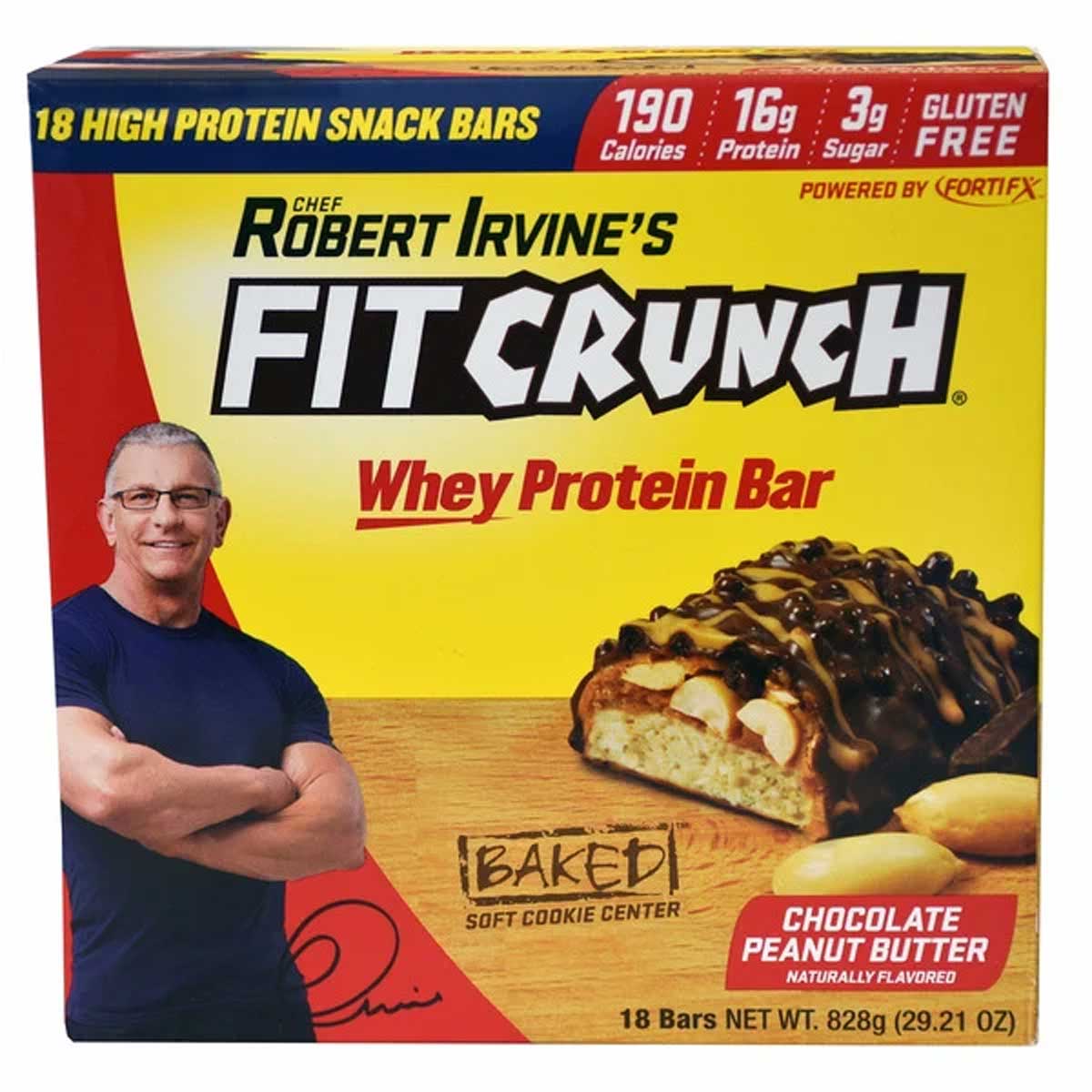 A box of Robert Irvine’s FITCRUNCH Whey Protein Bars, chocolate peanut butter flavor—one of the Costco cult favorites. The box highlights 190 calories, 16g protein, 3g sugar, gluten free, with images of the bar and Robert Irvine.
