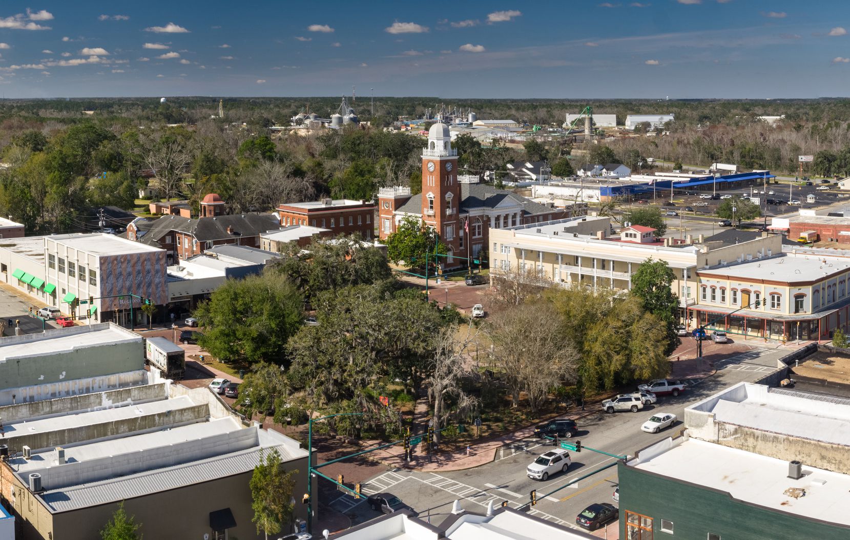 Panoramic aerial establishing shot of Bainbridge, Georgia.