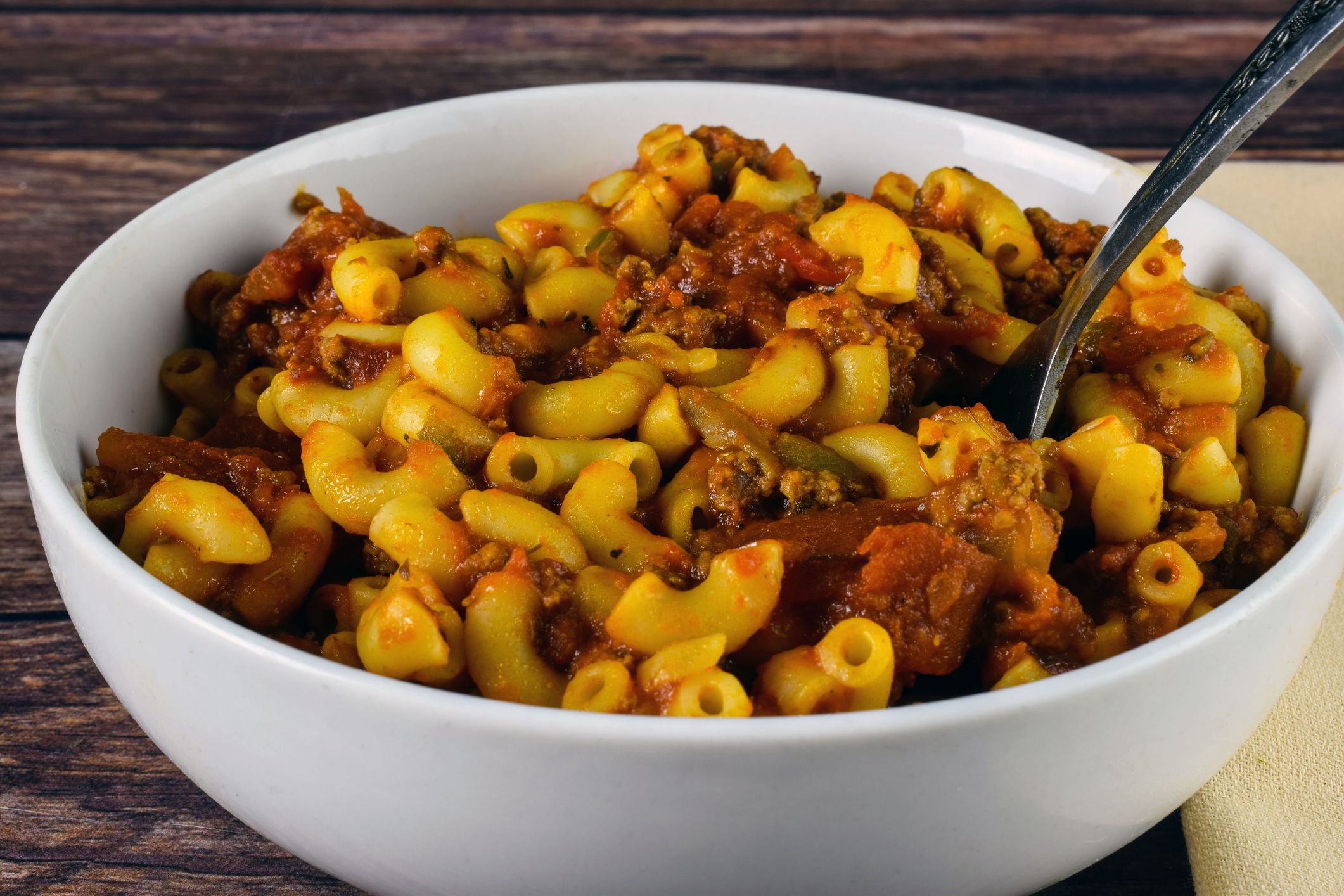 bowl, of american chop suey opn a table