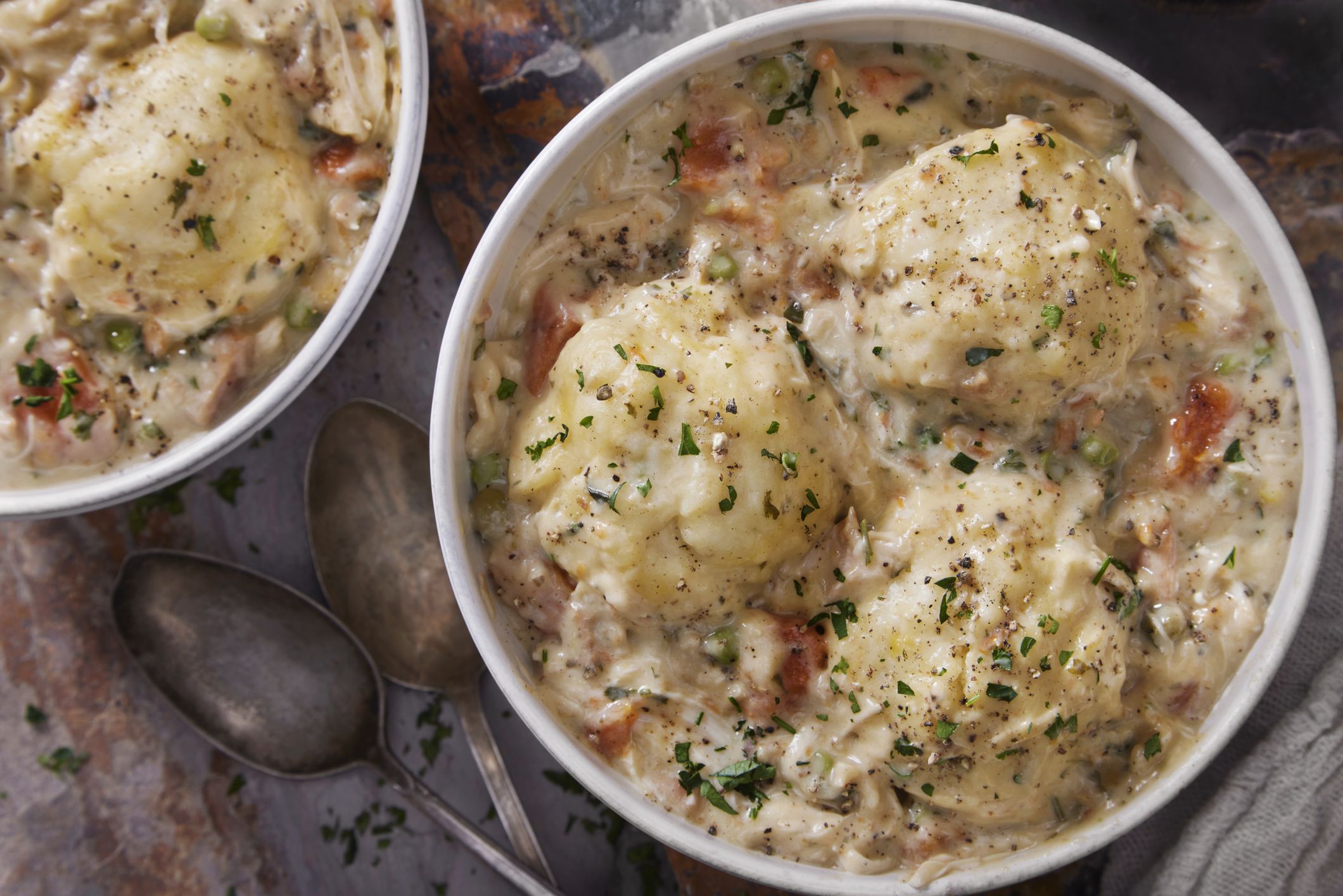 Creamy Chicken and Dumplings with Roast Chicken, Green Peas, Celery and Carrots