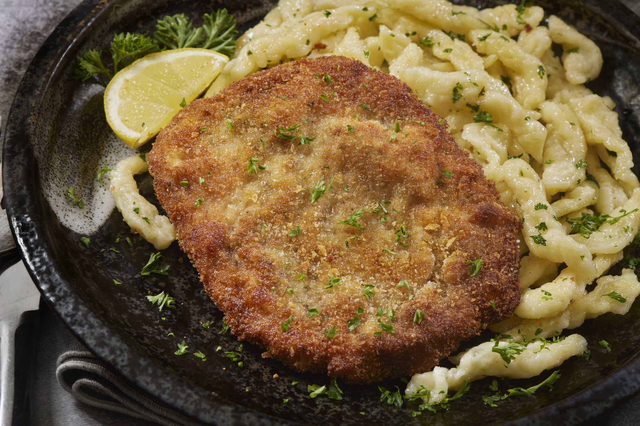 German Pork Schnitzel with Hand Made Spaetzle