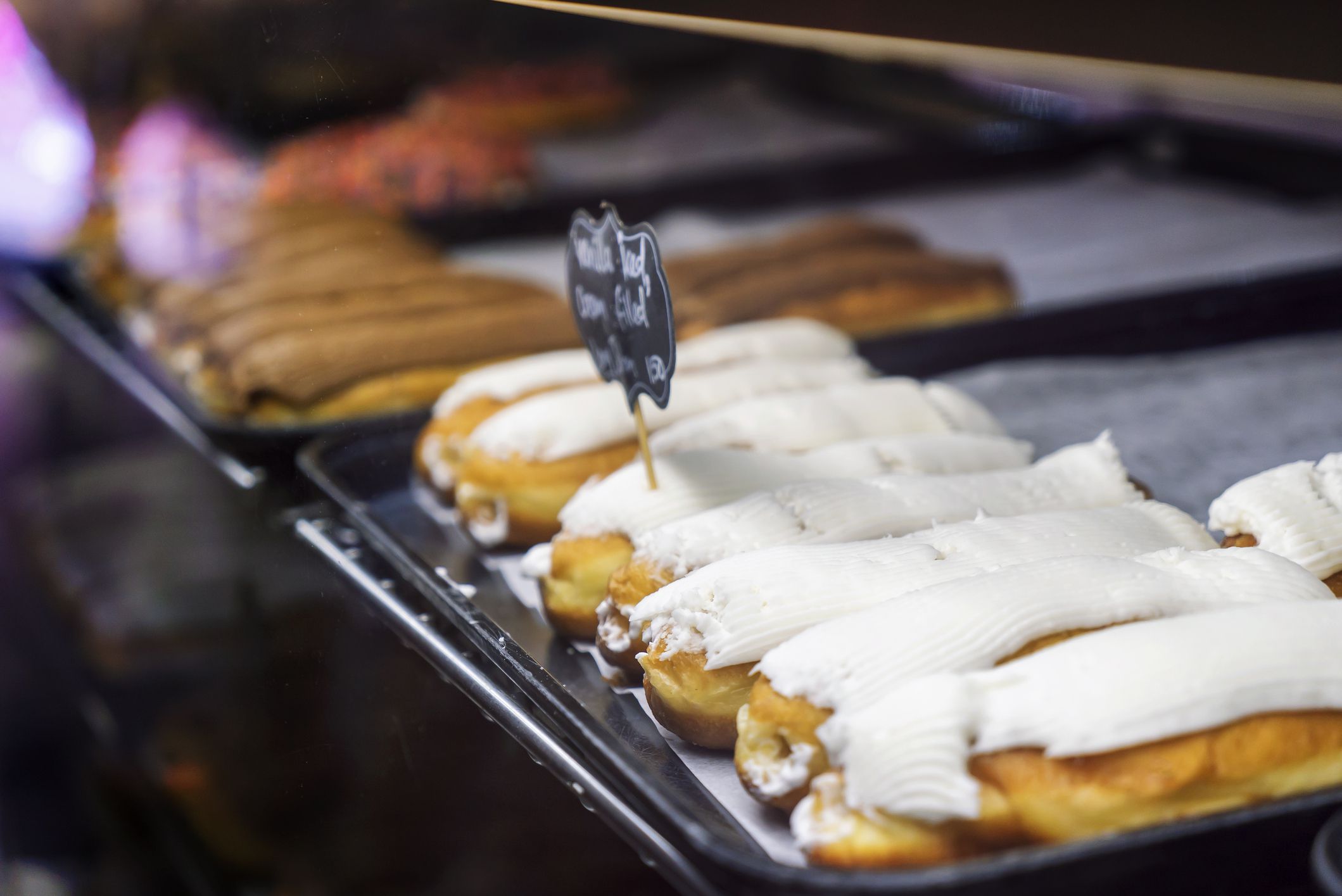 View of Amish long john pastries or donuts at Amish food market in Lancaster, Pennsylvania.