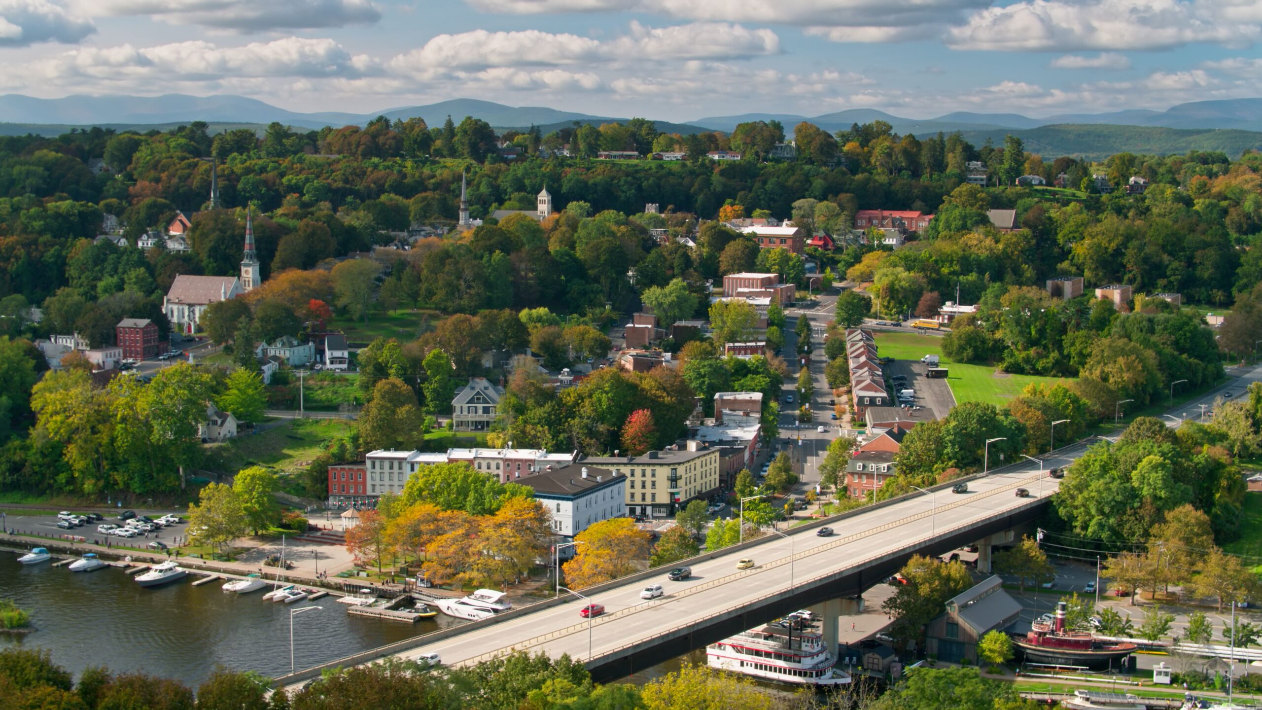 Aerial shot of Kingston, New York on a partly cloudy day in autumn.