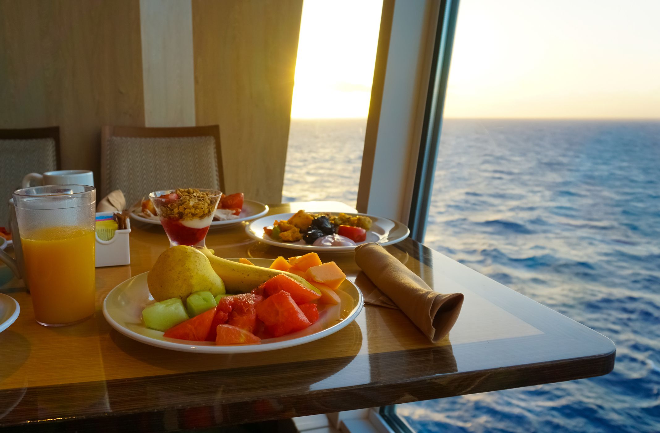 Dining Room Buffet aboard the abstract luxury cruise ship. Healthy breakfast at modern liner concept