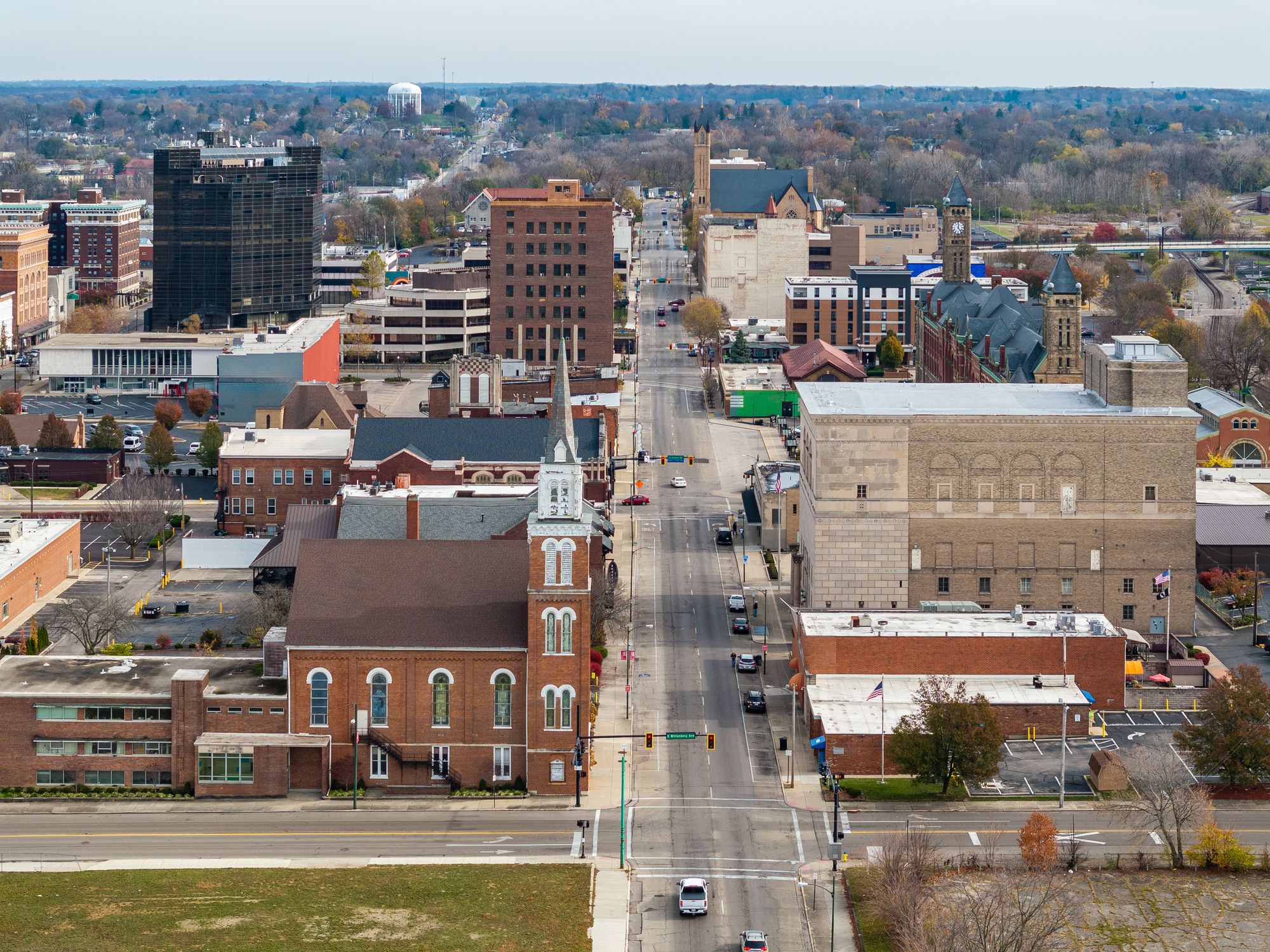 Aerial view of downtown Springfield, Ohio.